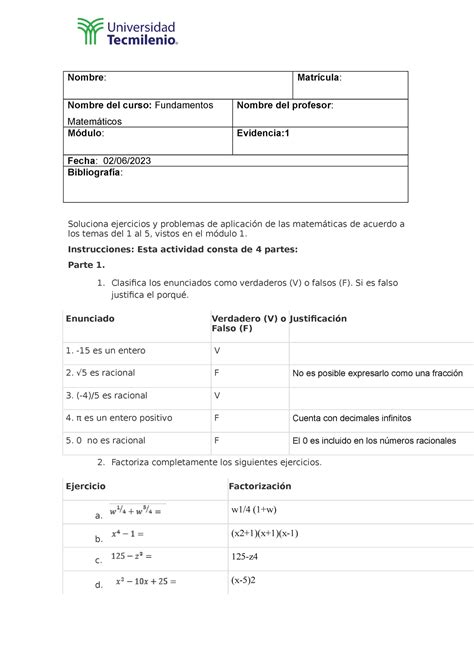 Evidencia Fundamentos Matematicos Nombre Matr Cula Nombre Del