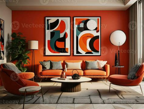 Mid Century Colorful Living Room Interior Style With Stylish Furniture