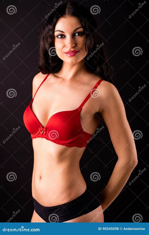 Portrait Of Brunette Woman In Red And Black Underwear On A Stock Photo Image Of Body Copy