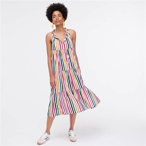 J Crew Tiered Maxi Beach Dress In Crinkle Cotton In Rainbow Strip