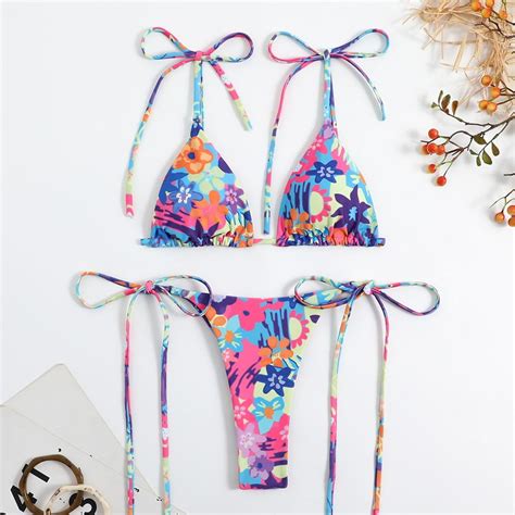 BUYISI Women Sexy Flower Print Bikini Set Swimwear Thong Bikini Beach