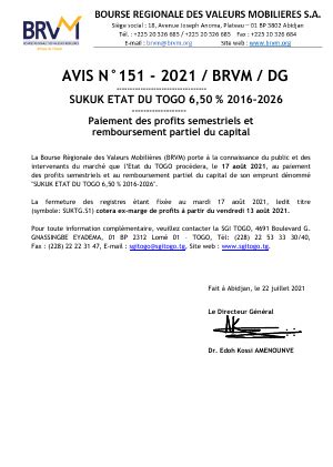 Avis N151 2021 BRVM DG Paiement Des Profits Semestriels Et