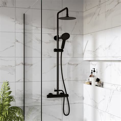 Black Thermostatic Bar Mixer Shower Set With Slide Rail Kit And Hand