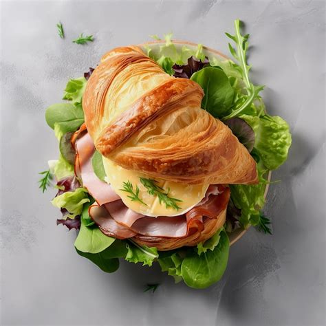 Premium Ai Image Fresh Croissant Sandwich With Ham Cheese And Salad