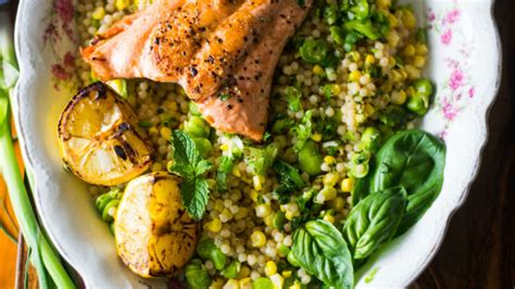 Charred Salmon With Lemon Herb Israeli Couscous And Fava Beans Recipe