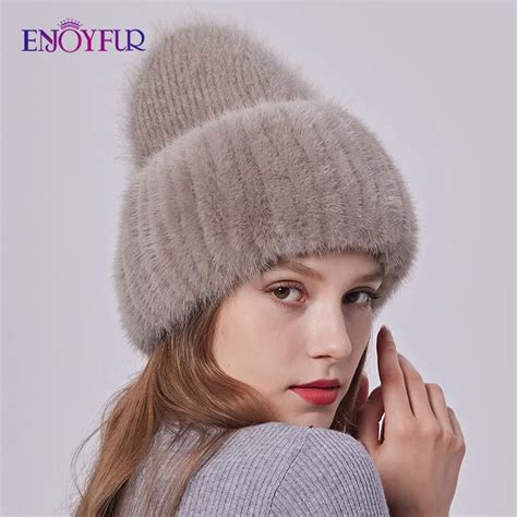 Enjoyfur Women Winter Angora Hats With Real Mink Fur Knit Brim Female