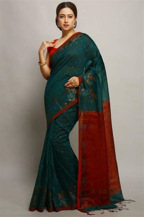 Buy Woodentant Women Green Woven Design Cotton Silk Saree Online At