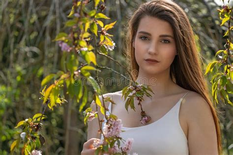 Cool Brunette Girl Is Posing Near Sakura Stock Image Image Of Female Adult 308815217