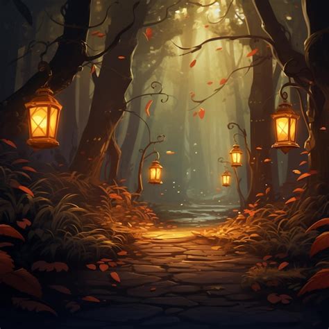 Premium Ai Image There Is A Path In The Woods With Lanterns On Each