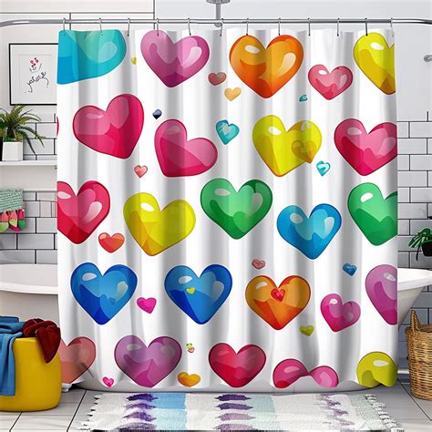 Rainbow Hearts Delight Shower Curtain Cartoon Style Watercolor Design