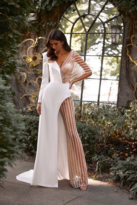 Stunning Unique Bridal Jumpsuit Long Sleevescrepe And Rhinestone Bridal Pantsuit White