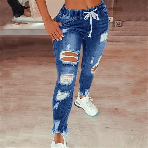 Aligament Fall And Winter Jeans for Women, Blue Ripped Jeans Womens