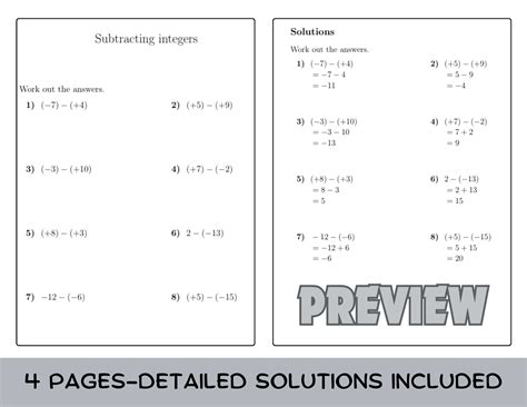 subtracting integers worksheet printable file