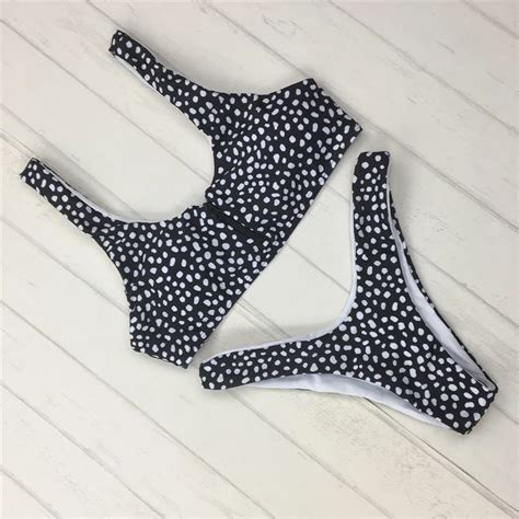 Zipper Thong Bikini Set Black Dot Swimsuit Halter Swimwear Women Sexy Bikini Brazilian