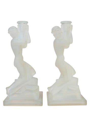 Art Deco Opalescent Glass Nude Female Candleholders By Ren Lalique S Set Of For Sale At