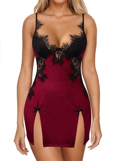 Lilosy Sexy Split Backless Satin Applique Floral Lace Sheer Babydoll Lingerie Dress One Piece