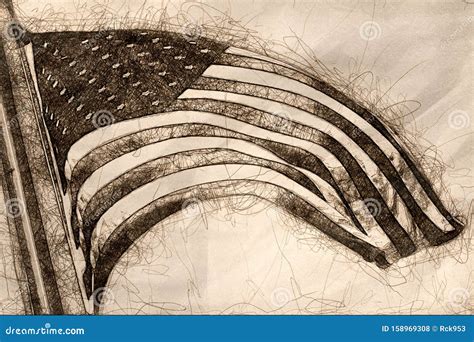 Sketch Of An American Flag Flying High Proud And Free Stock