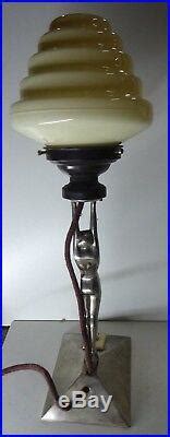 Art Deco Lamp Antique Chrome Diana Naked Lady Art Deco Statue Lamp Beehive Glass Lightshade