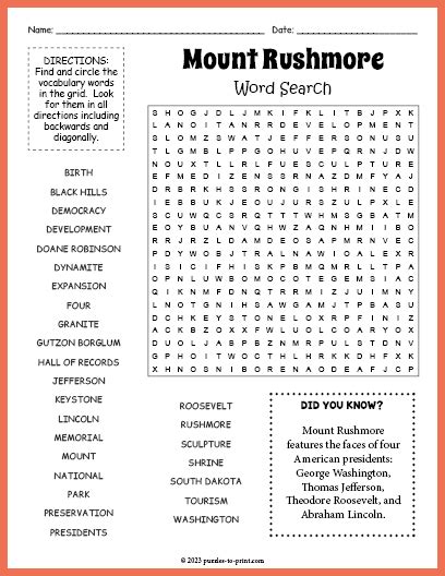 Mount Rushmore Word Search