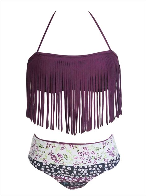 Tassel Embellished Halter Neck Printed Swimwear Bikini Purple On Luulla