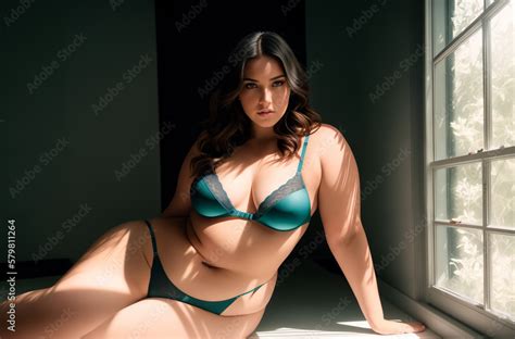 Beautiful Plus Size Brunette Woman In Green Lingerie In A Modern Interior Near The Window From