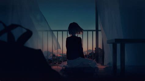 Download Girl In Balcony Dark Anime Aesthetic Desktop Wallpaper ...