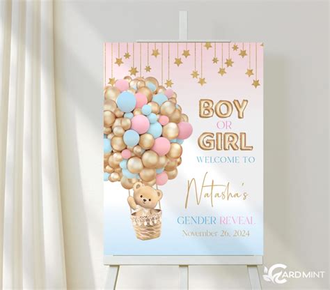 Editable Welcome Teddy Bear Party Sign Blue Pink Hot Air Balloon Baby Shower Sign Digital