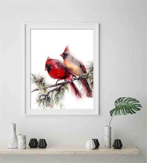 Cardinal Birds Couple Art Print Northern Cardinal Watercolor Etsy