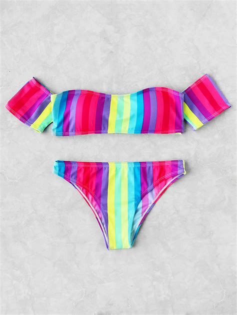 Block Striped Off The Shoulder Bikini Set Shein Sheinside