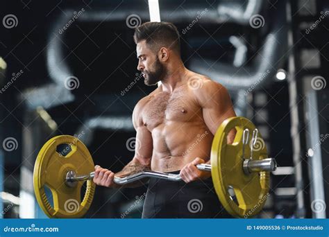 Handsome Naked Weightlifter Lifting Heavy Barbell In Gym Stock Photo Image Of Portrait