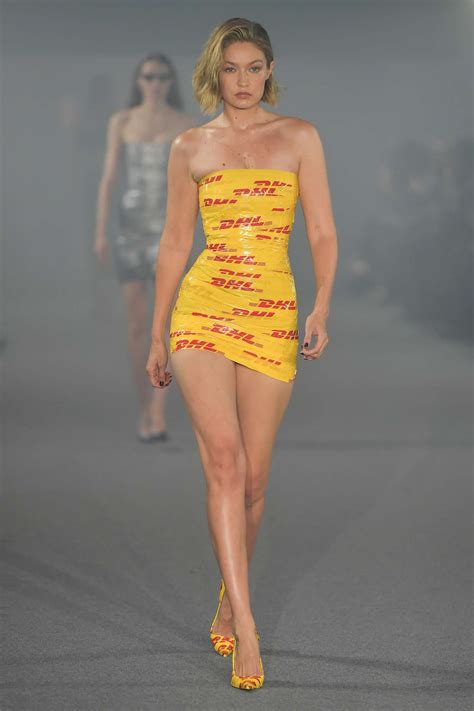 Gigi Hadid Wore a DHL Tape Dress at Vetements