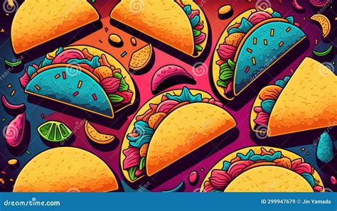 Seamless Pattern With Mexican Tacos Vector Illustration Stock