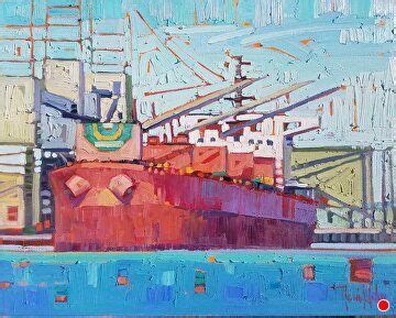 Loading At The Grain Docks Rene Wiley 16x20 1 5 Original Oil On Canvas