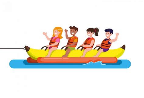 Premium Vector People Ride On A Banana Boat Water Sport In Beach