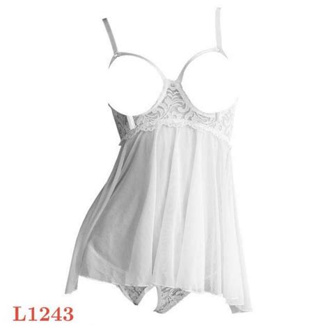 Jual L1243 Lingerie Sexy Baju Tidur Babydoll Mini Dress Putih Transparan Bra Kawat Open Cup Open