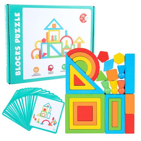 Jual Mainan Edukasi Anak Wooden Rainbow Geometri Shape Blocks Puzzle Balok Bentuk Open Ended