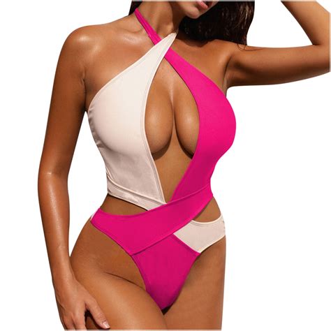 JWZUY Color Block Bikini Criss Halter Neck Sleeveless Sexy Cut Out Swimsuit For Women One Piece