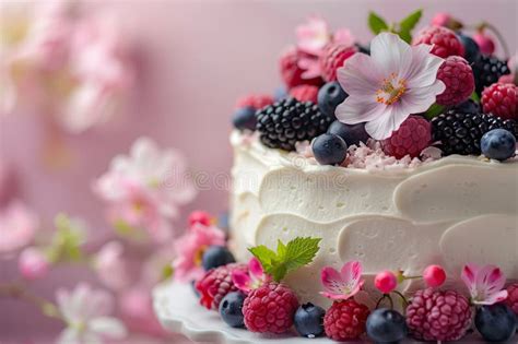 A Stunning Naked Cake Generously Adorned With An Array Of Fresh Summer Berries And Vibrant