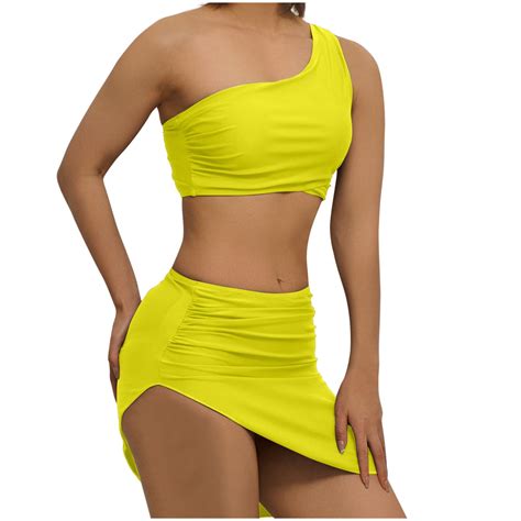 Arnsht Women S Fashion Solid Color Slant Shoulder Bikini With Bra Pads No Steel Support Split