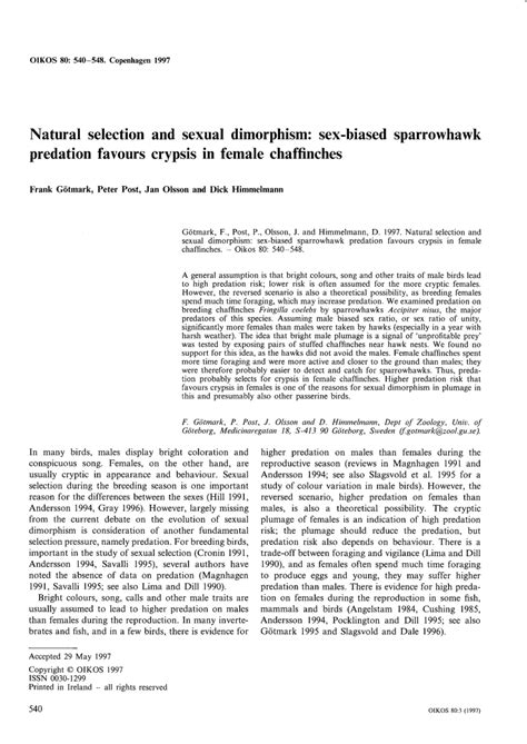 PDF Natural Selection And Sexual Dimorphism Sex Biased Sparrowhawk Predation Favours Crypsis