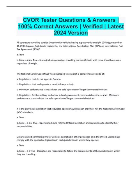 CVOR Tester Questions & Answers | 100% Correct Answers | Verified