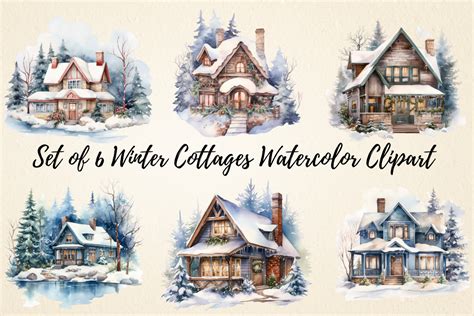 Winter Cottages Watercolor Clipart Graphic By Pcudesigns Creative Fabrica