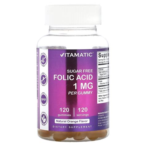 Vitamatic, Фолиевая кислота без сахара, натуральный апельсин, 1 мг, 120 ...