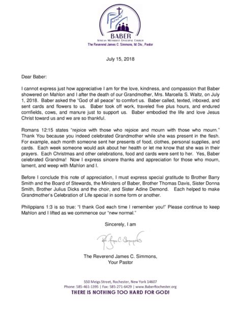 Thank You Letter From Pastor Baber Ame Church