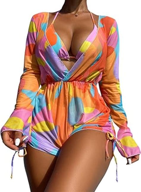 Allover Print Bikini Set Halter Triangle Bra Bikini Long Sleeve Cover Up Romper Piece