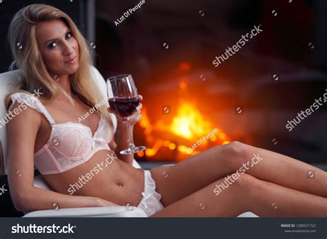 Sexy Woman Lingerie Wine Near Fireplace Stock Photo 1289531722 Shutterstock