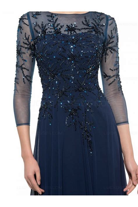 Long Navy Blue Length Sleeves Beaded Chiffon Mother Of The Bride