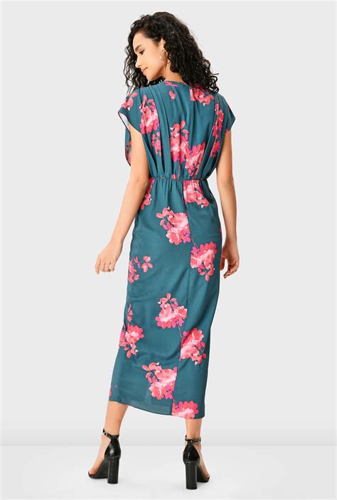 Shop Dolman Sleeve Floral Print Crepe Faux Wrap Dress Eshakti