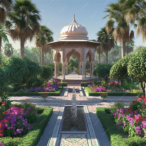 A Mughal garden centered around an ornate pavilion | Premium AI