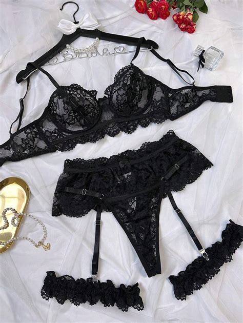 Pcs Women S Sexy Black Lace Floral Hollow Out Lingerie Set Intimate Seductive Club Nightwear